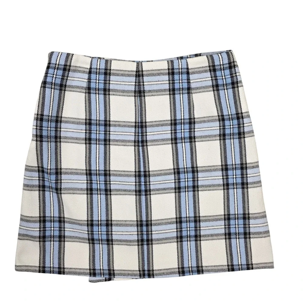 Blue‎ Rain Wrap Mini Skirt Button Detail White Blue Plaid Size S